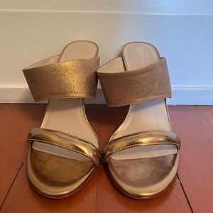 Trina Turk Two Strap Gold Metallic High-Heeled Leather Sandals Size 7